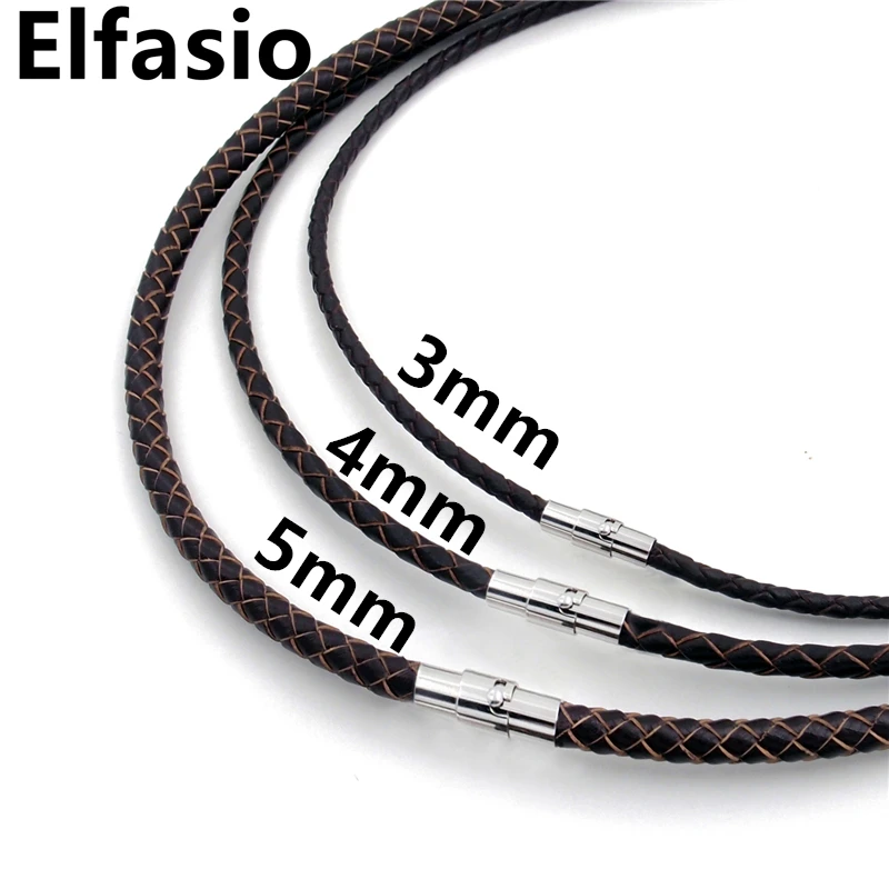 

3/4/5mm Mens Womens Brown Braided Genuine Leather Cord Necklace Stainless Steel Secure Clasp Jewelry 18"-32"