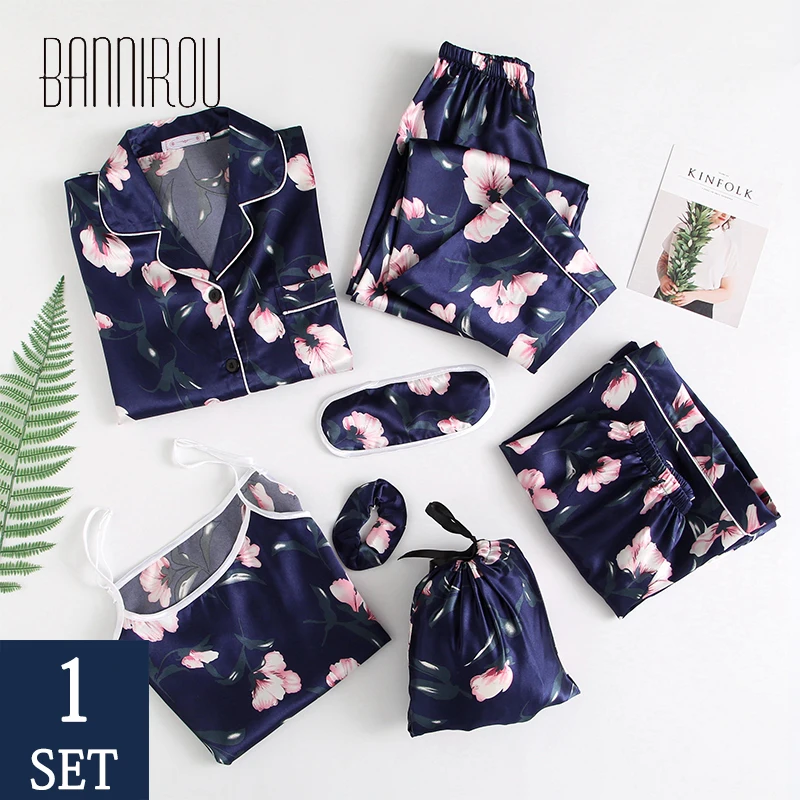 BANNIROU Women's Pajamas Sets Home Clothes Printed Floral 7 Pieces Pyjamas Suits Women Sleepwear Sets Home Wear Spring New Sale