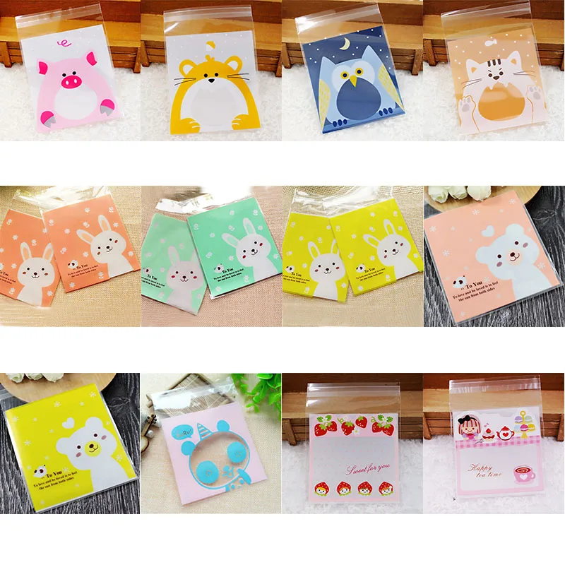 50/100pcs 10*10cm Love Cute Plastic Bags Self Adhesive Plastic Package Bag Wedding Birthday Party Favor Candy Gifts Wrapping Bag