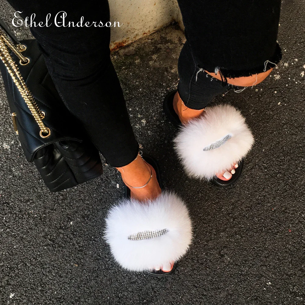 Ethel Anderson Real Fox Fur Chain Furry Slides Flip Flops Slippers Women's Shoes 2021 Rhinestones Decoration Outdoor Sandals