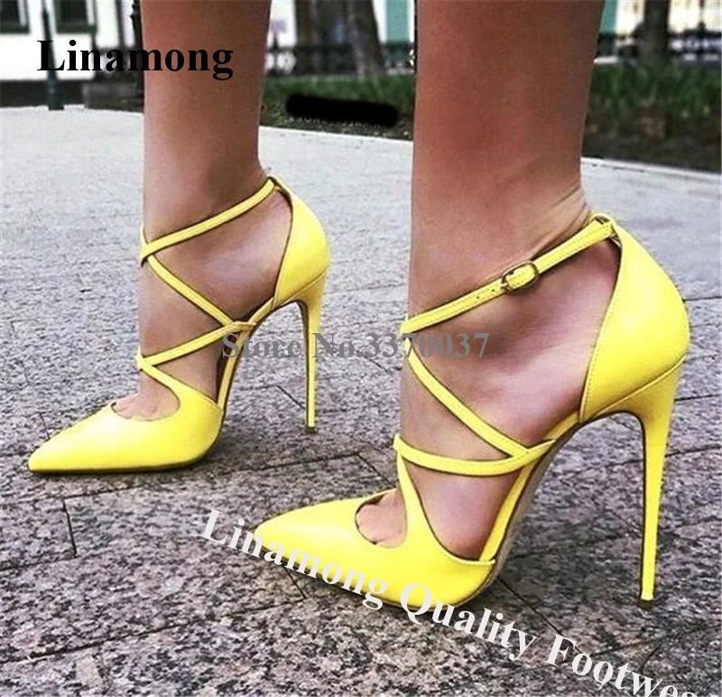 

Charming Women Fashion Pointed Toe Yellow Leather Stiletto Heel Pumps Straps Cross High Heels Formal Dress Heels Wedding Shoes