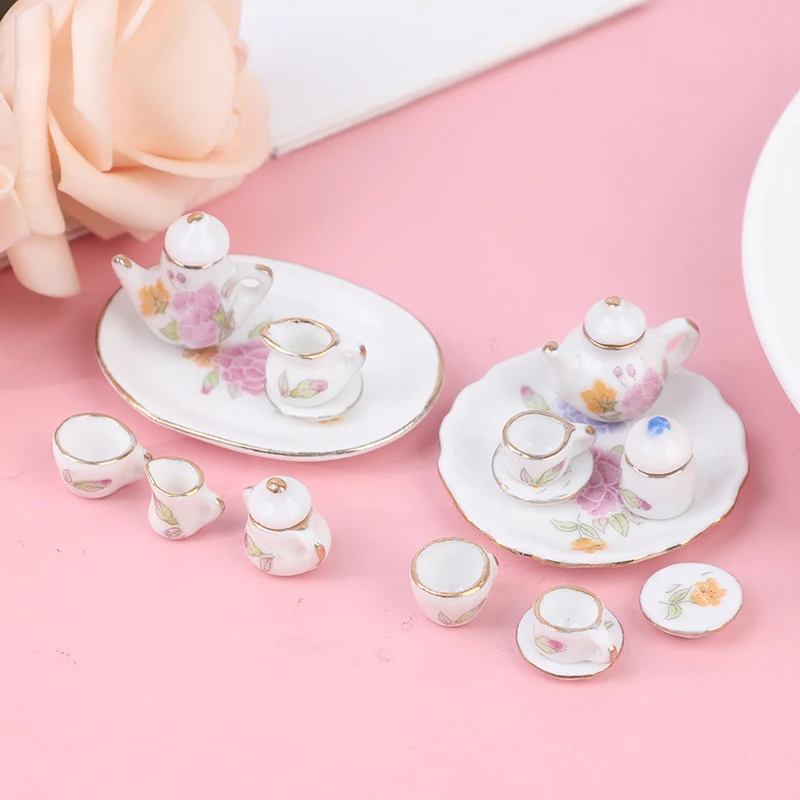 Casa de boneca em miniatura 1/12, 8 peças, flor rosa, porcelana, xícaras de chá e café, louças de cerâmica, casa de bonecas, acessórios de cozinha