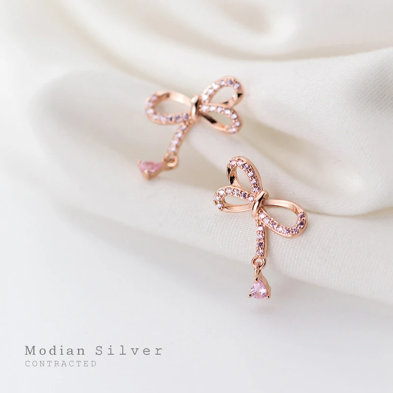 Modian Elegant Bowknot Earrings for Women Pink Crystal Rose Gold Color Studs Earring 925 Sterling Silver Jewelry Accessories