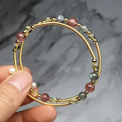 Natural Labradorite Strawberry Quartz Double Circle Strand Bracelets For Women Female Handmade Opening Bangle Lucky Yoga Jewelry