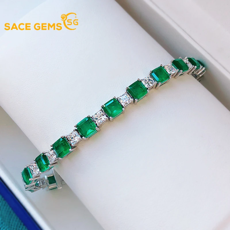 

SACE GEMS 2021 New Women's Bracelets S925 Silver 7 X 7 Imitation Emerald Square Full Diamond Luxury Vintage Boutique Jewelry