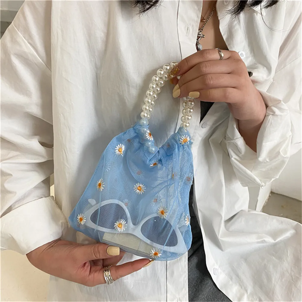 Small Daisy Mesh Shipping Bags Embroidered Light Tote Bags Bolsos Female Floral Pearl Handle Organza Shopper Bag Eco Handbags