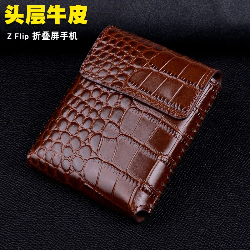 Original Handmade Genuine Leather Belt Waist Bag Pouch Cover for SAMSUNG Galaxy Z Flip6 Flip 5 4 Crocodile Oil Wax Magnetic Case