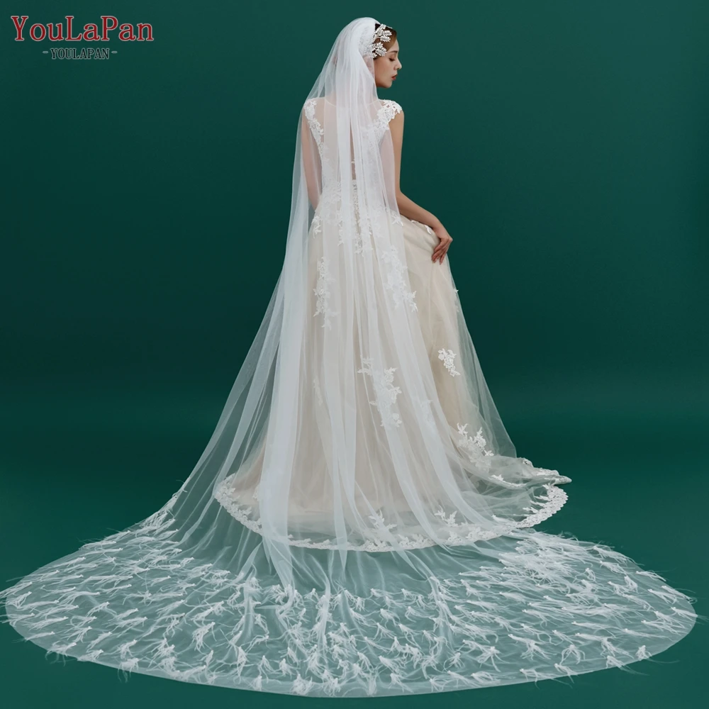 YouLaPan V22 3 Meter Lange Hochzeit Schleier 1 Tier Hochzeit Schleier mit 3D Federn Luxus Kathedrale Hochzeit Schleier Weichen Italienischen tüll