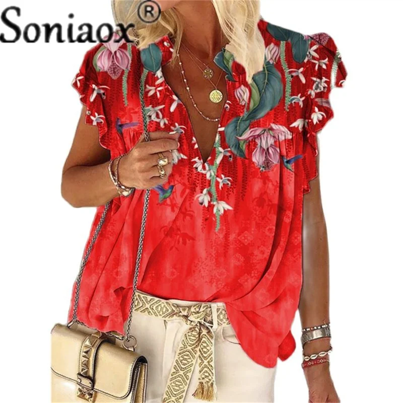 2021 Short Sleeve Womens Tops Beach Flare Sleeve Blouses Red Summer New V Neck Print Shirt Vacation Clothes For Woman