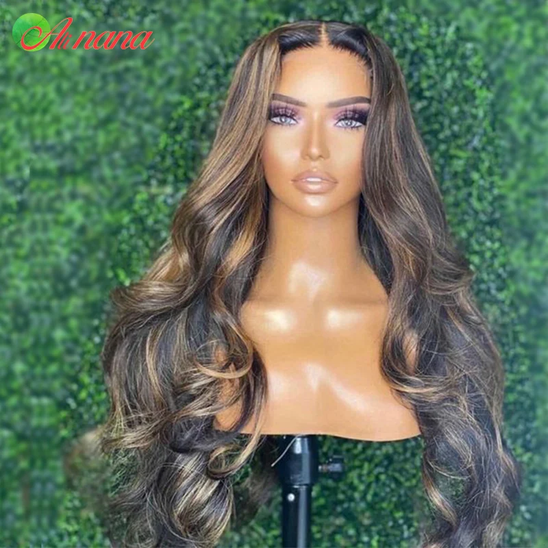 13 × 4 peruca frontal do laço para as mulheres pré-arrancadas peruano onda do corpo cabelo humano destaque loira ombre marrom cor fechamento do laço perucas