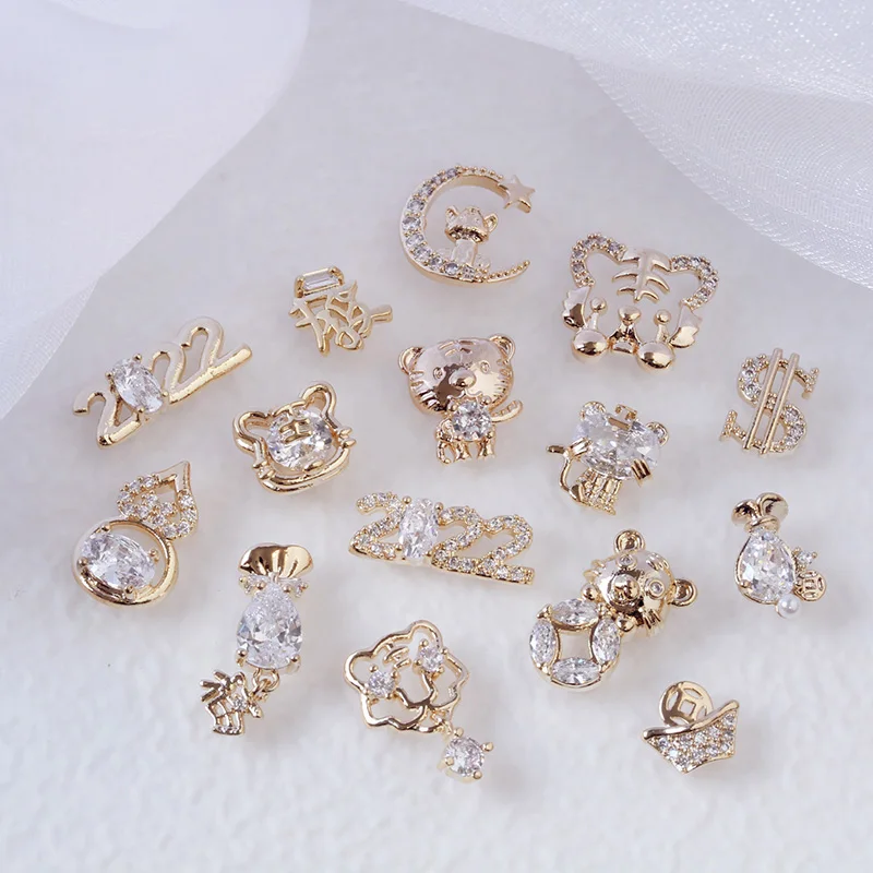 10pcs/lot 2022 Chinese New Year Tiger Dollar Nail Art Zircon Metal Manicure DIY Nails Accessories Decorations Supplies Charms