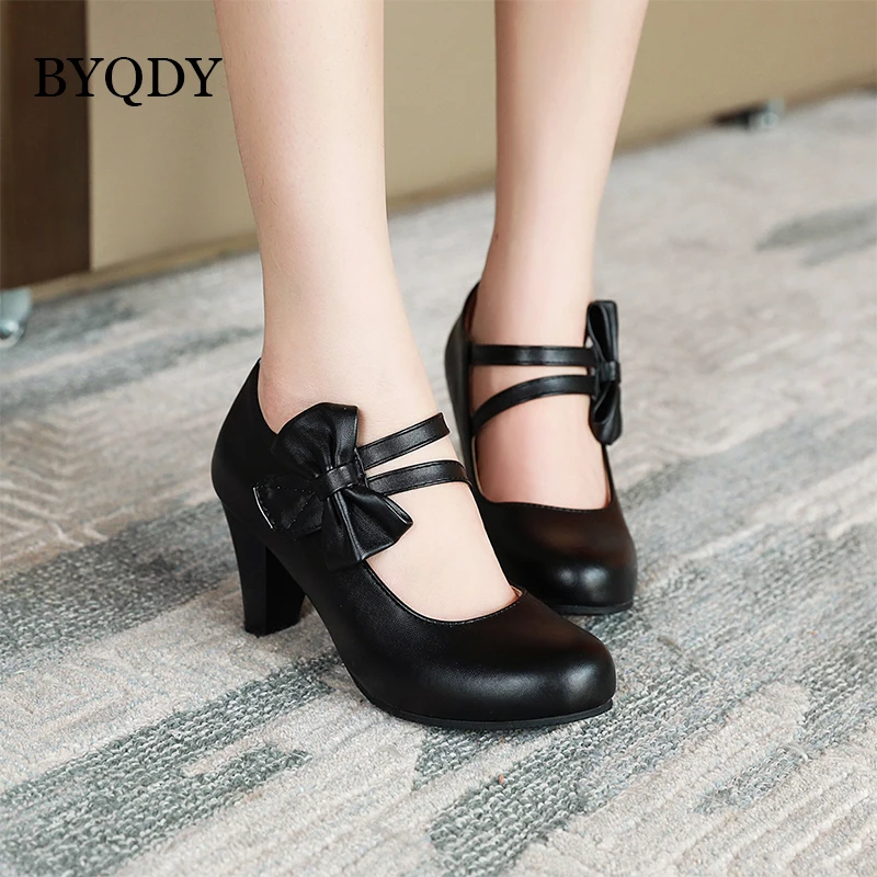 BYQDY Buckle Strap Lolita Shoes Mary Jane Pumps For Women High Heels White Pink Bow-knot Block Heels Shoes Wedding Bride Pumps