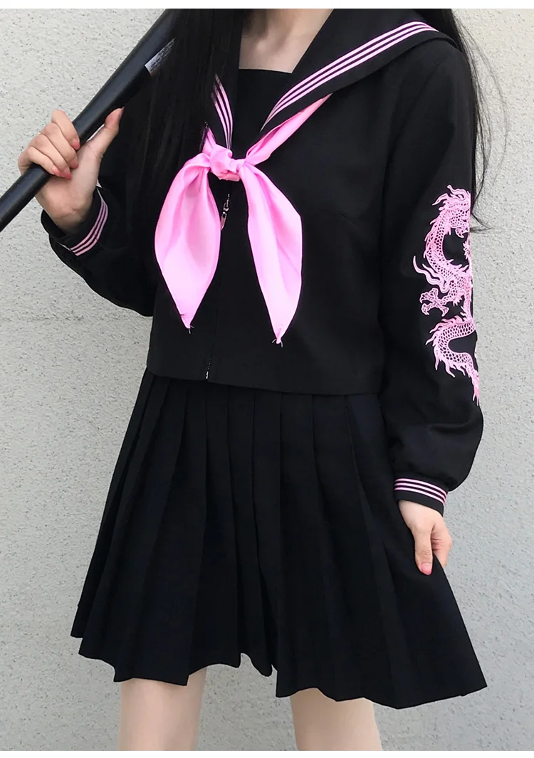 Zilver Roze Geborduurde Draak Orthodoxe College Japanse Student Schooluniform Jk Uniform Pak Slechte Meisje Cosplay Matrozenpakje