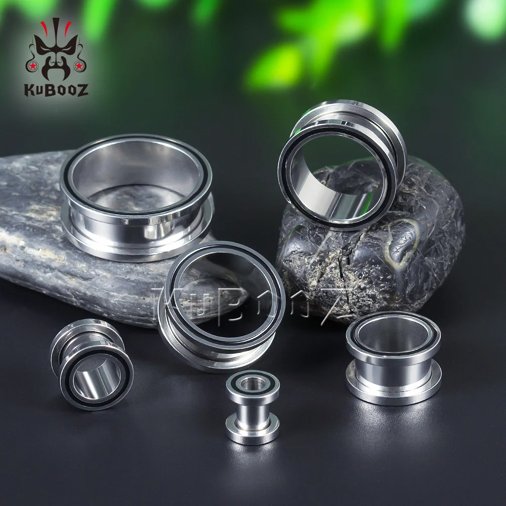 KUBOOZ Ear Plugs Piercing Tunnels Stainless Steel Pulley White Line Screw Extenders Stretchers Fashion Body Jewelry Earring 2PCS