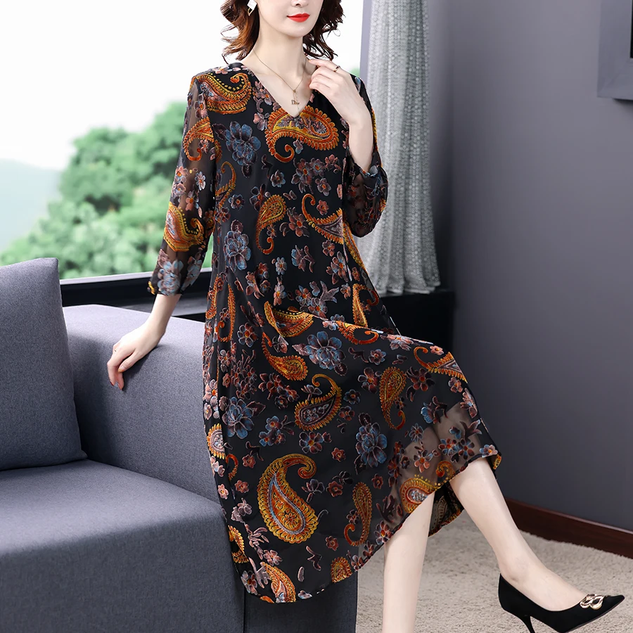 2024 Autumn Print Long Sleeve Golden Velvet Dress Spring Korean Vintage Casual Midi Dresses Women Elegant Bodycon Party Vestidos