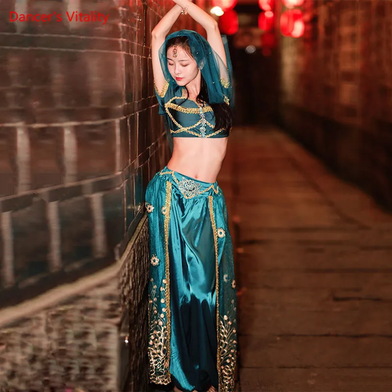 Belly Dance Suit Short Sleeve Top Embroidered Pants Indian Dancewear Female Trousers Performance Oriental Clothing Set Cosplay