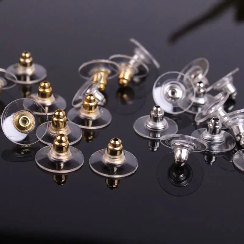 100pcs DIY Craft Accessories Silicon Stud Earring Earrings Back Stoppers Ear Post Nuts Jewelry Findings Components Gold and Silv