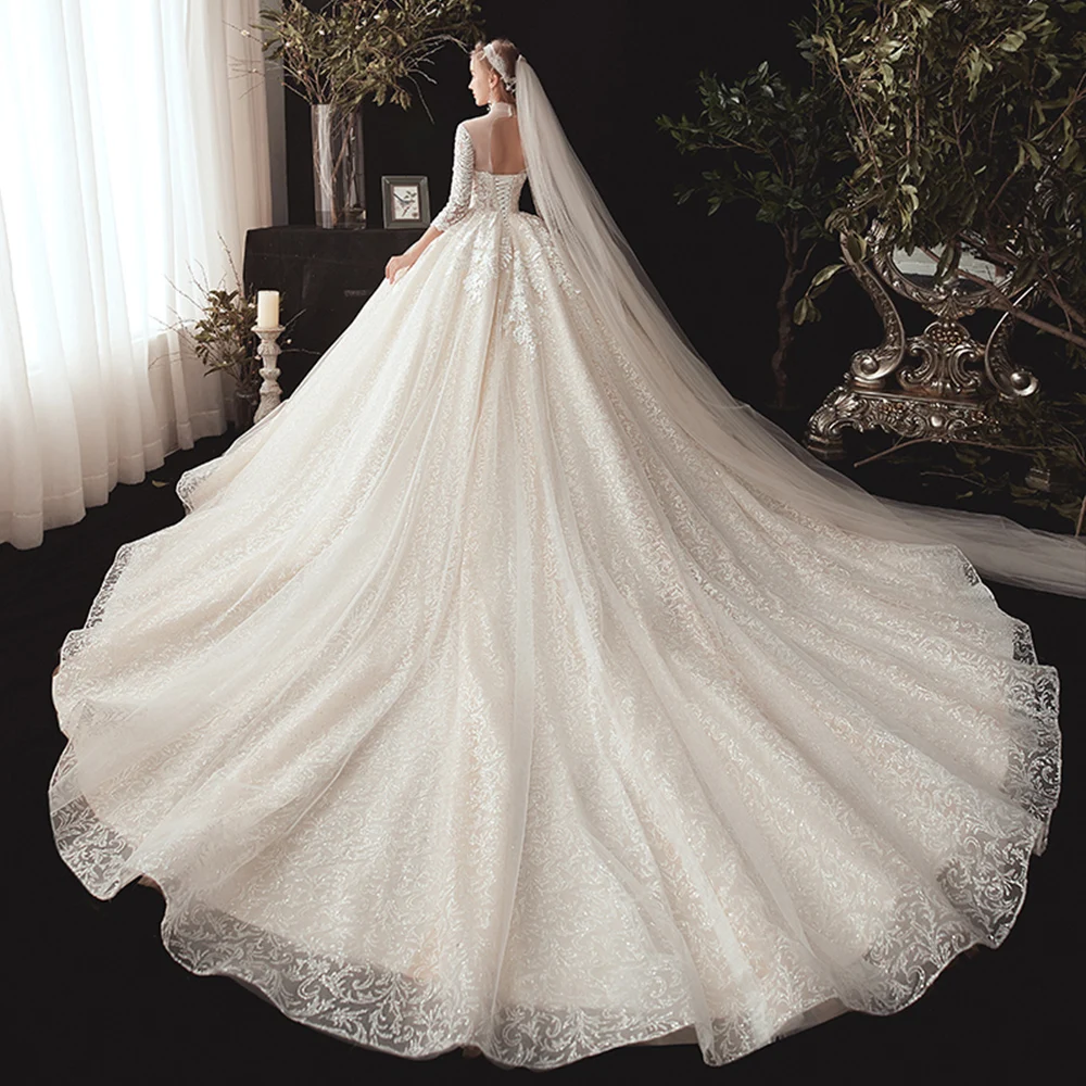 Vestidos De Novia High Neck Ball Gown Wedding Dresses Three Quarter Sleeve Luxury Robes De Mariage Beading Appliques Trouwjurk