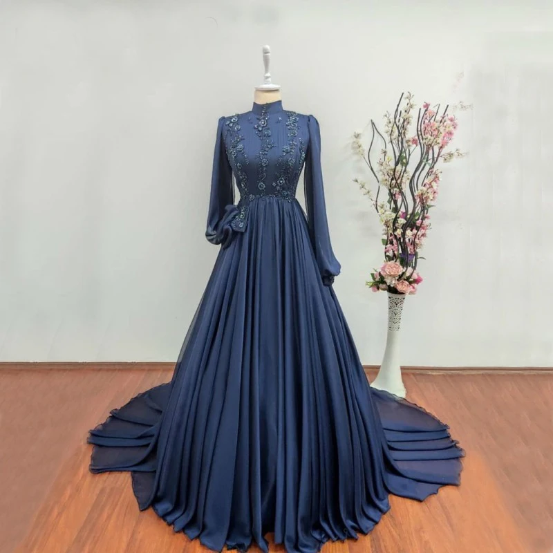 

Navy Blue Chiffon Appliques Muslim Evening Dresses Full Sleeve Saudi Arabia Dubai Prom Gowns High Neck Formal Party Dress Robe