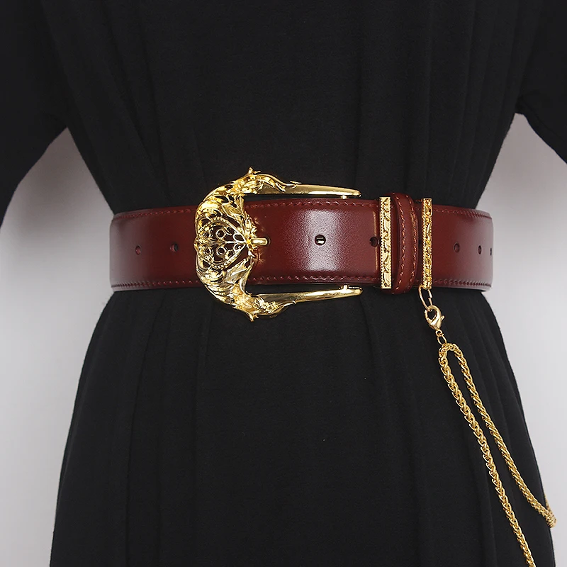 여성 활주로 패션 골드 버클 정품 가죽 Cummerbunds 여성 드레스 코르셋 허리띠 벨트 장식 와이드 벨트 TB1757