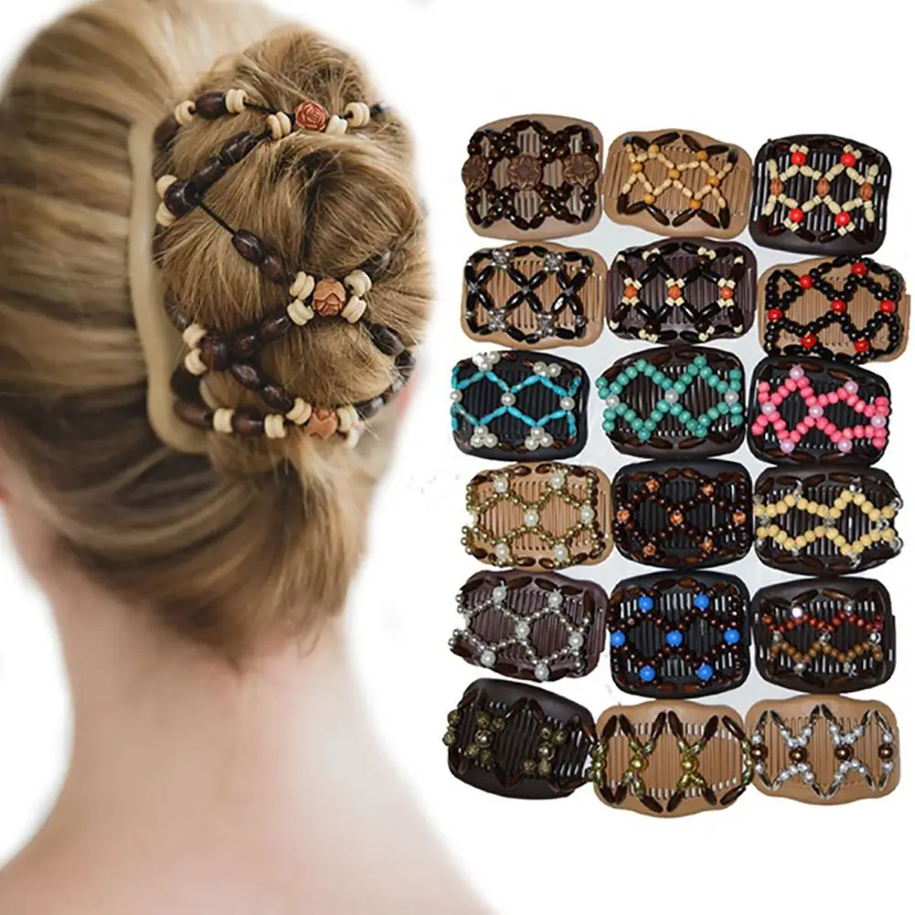 Vintage Magic Hair Comb Women Elastic Beads Hair Accessories Bun Holder Hair Clips Claw Comb-Stay Stretchy Headwear Hair Styling