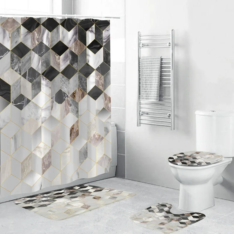 Gradient Marble Pattern Shower Curtain with Bath Mat Set Geometric Toilet Carpet Floor Mat Washable Toilet Seat Cover Mat