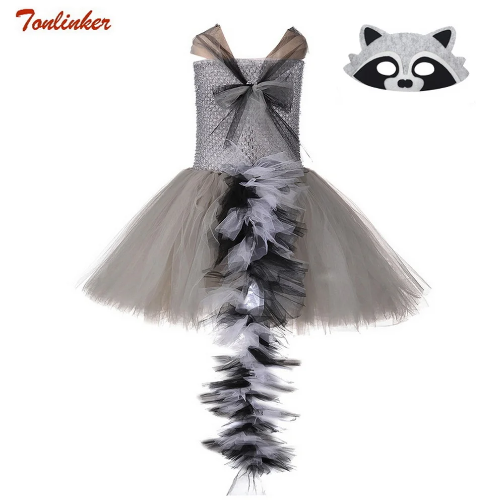 

Child Halloween Animal Cartoon Raccoon Cosplay Costume Girls Grey Tutu Dress Kids Birthday Party Christmas Show Trailing Dresses