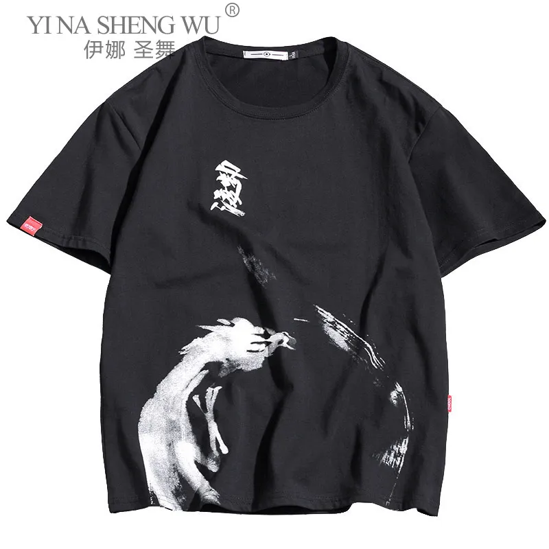 Chinese Style T Shirt Men Funny Anime Print O-Neck Japanese Loose Black White Gray Cotton Tshirts Male Summer Streetwear Fashion