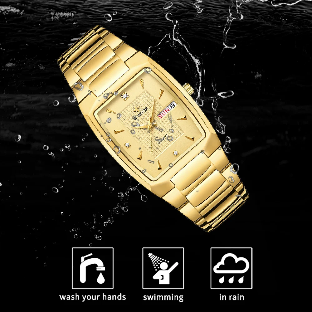 Relogio Masculino WWOOR 20224 New Square Watch Men with Automatic Week Date Man Quartz Wrist Watches Luxury Stainless Steel Gold