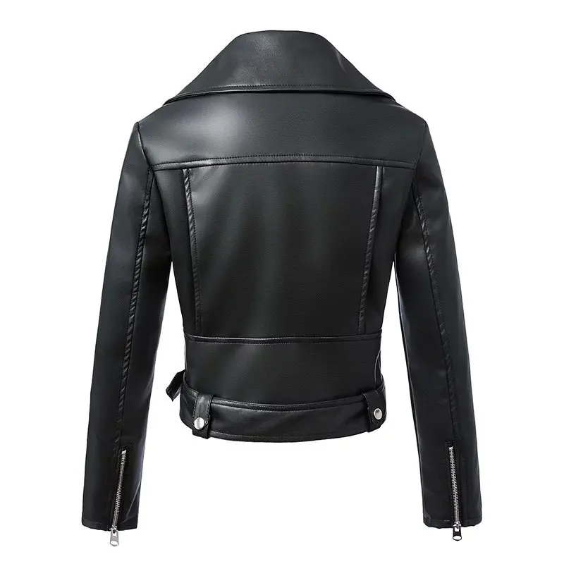 New Women Autumn Winter Black Faux Leather Jackets Zipper Basic Coat Turn-down Collar Motor Biker Jacket With Belt