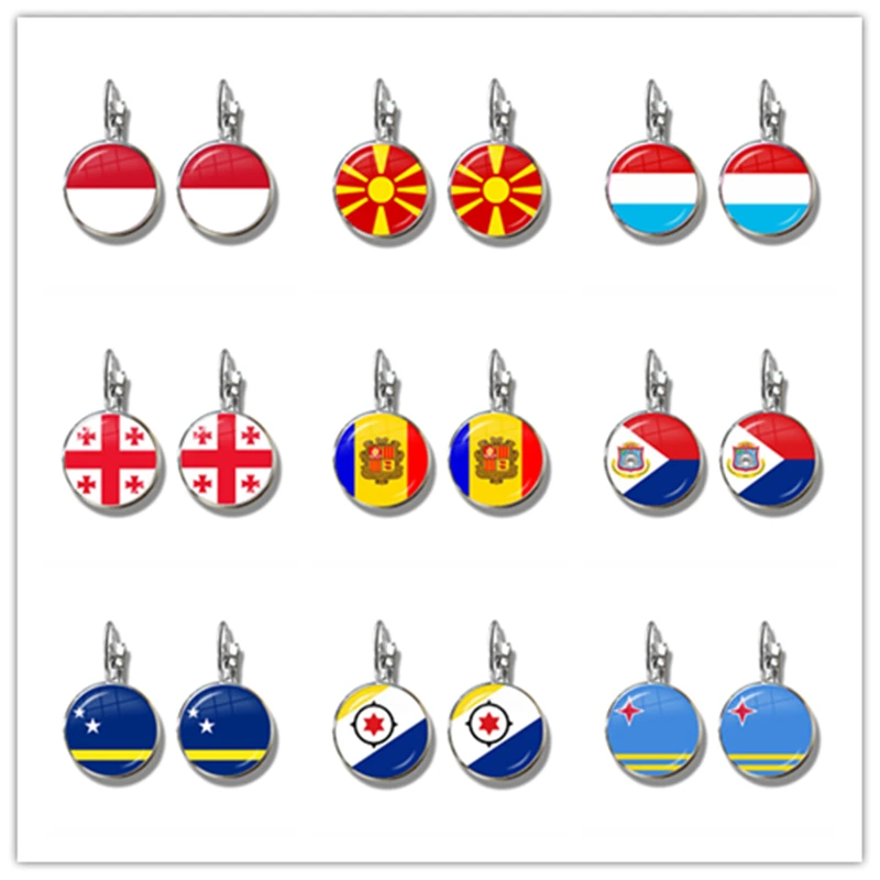 

MCO,Macedonian, Luxembourg, Georgia, Andorra, Eilandgebied Sint Maarten,Curacao,Bonaire, Aruba Nation Flag French Hook Earrings