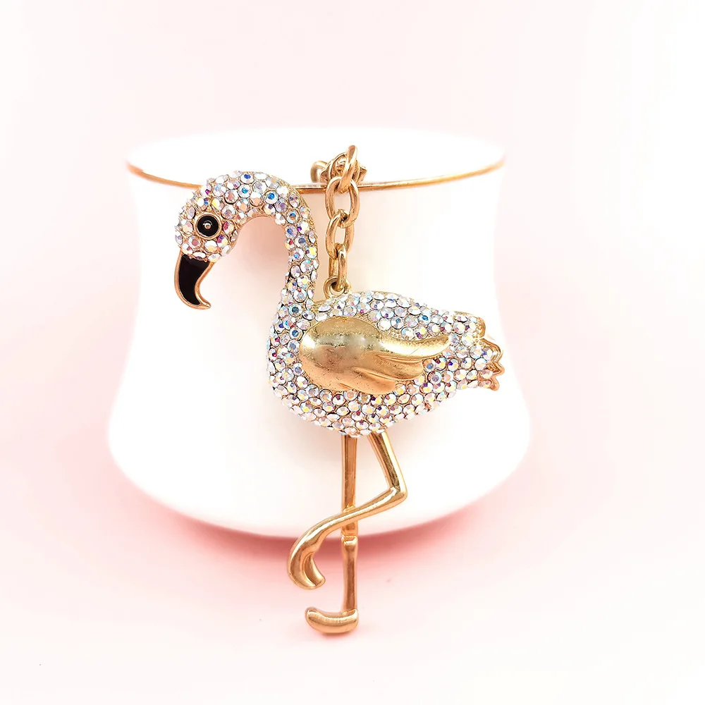 Shiny Rhinestone Flamingo Shape Cute Car Keychain Cell Phone Pendant Handbag Key Ring