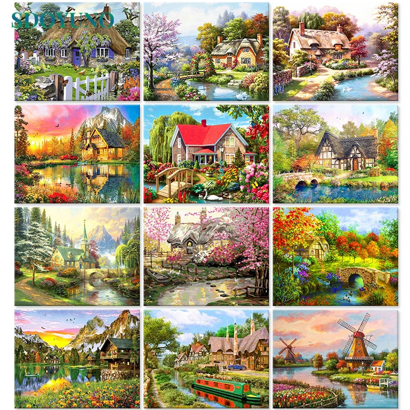 SDOYUNO 60x75cm Coloring By Numbers On Canvas Wilderness Lodge DIY Painting By Numbers For Adult Frameless Digital Painting Gift