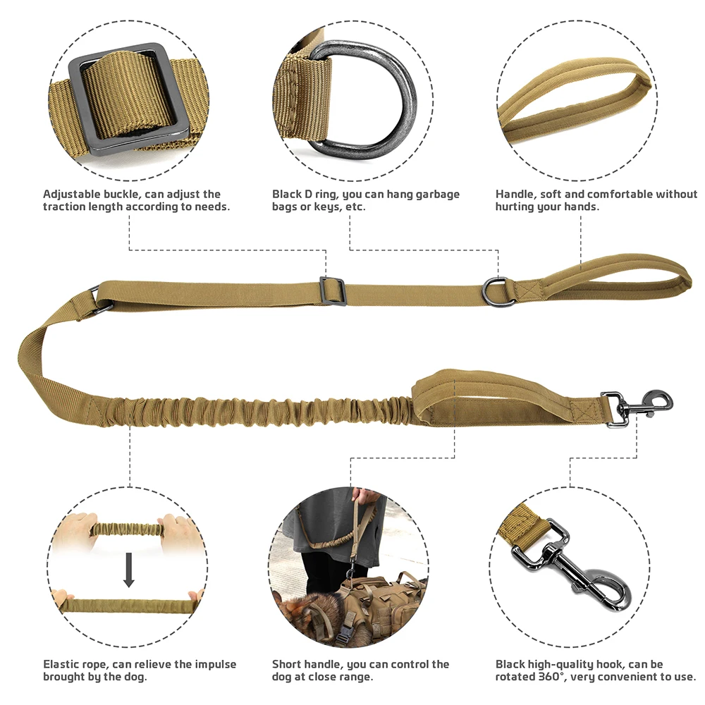 Military Tactical Dog Leash Nylon No Pull Bungee Dog Training Leads Elastic Buffer Dog Leash Rope For Medium Large Dogs Pet