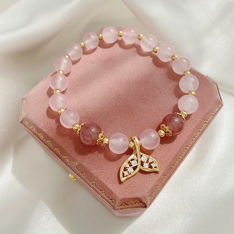 Gold Plated Mermaid Tail Pink Strawberry Crystal Beads Beaded Strand Bracelets Bangle for Women Girls Fashion Jewelry YBR277