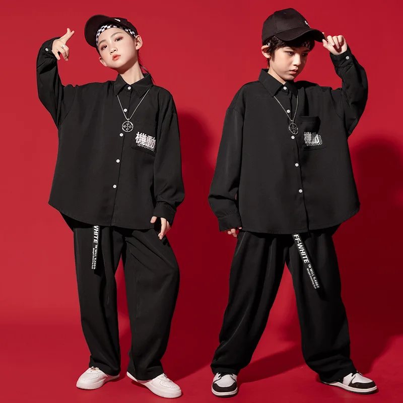 Kid Kpop Hip Hop Clothing Black Oversized Shirt Top Long Sleeve Loose Streetwear Baggy Pants for Girl Boy Dance Costume Clothes