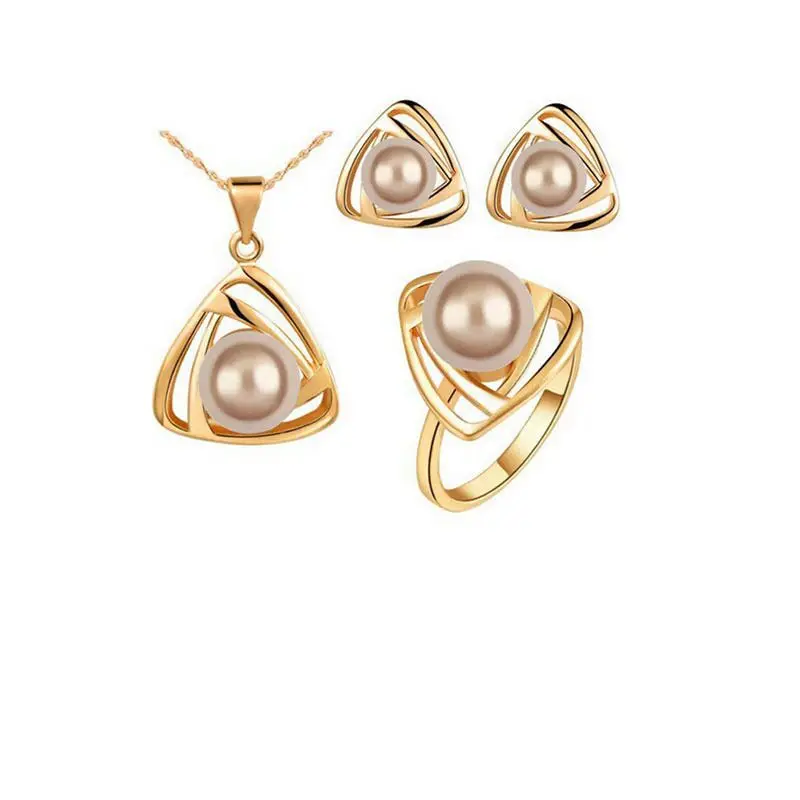 Fine jewelry 925 sterling silver suitable for ladies wedding pearl set triangle gold bronze necklace earrings ring set yw015