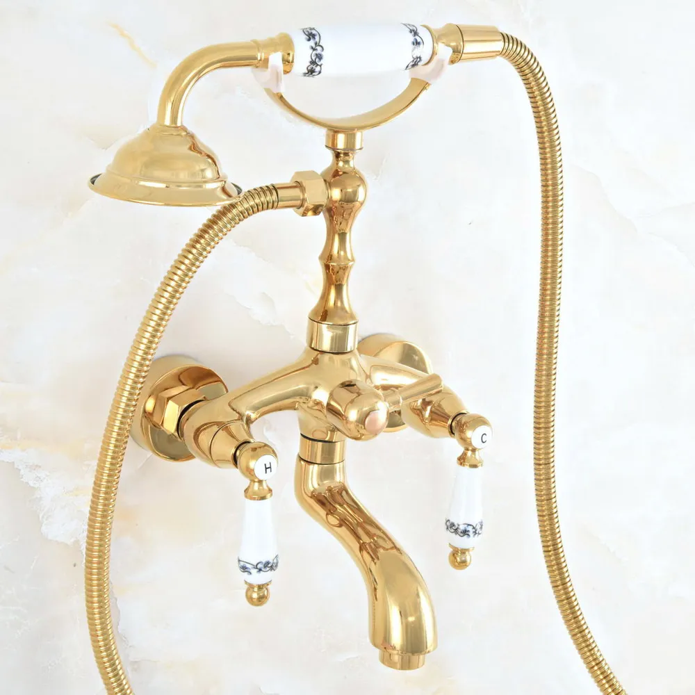 

Polished Gold Color Brass Dual Ceramic Lever Bathroom Wall Mount Clawfoot Tub Faucet Taps Set Hand Held Shower Head Spray mna814