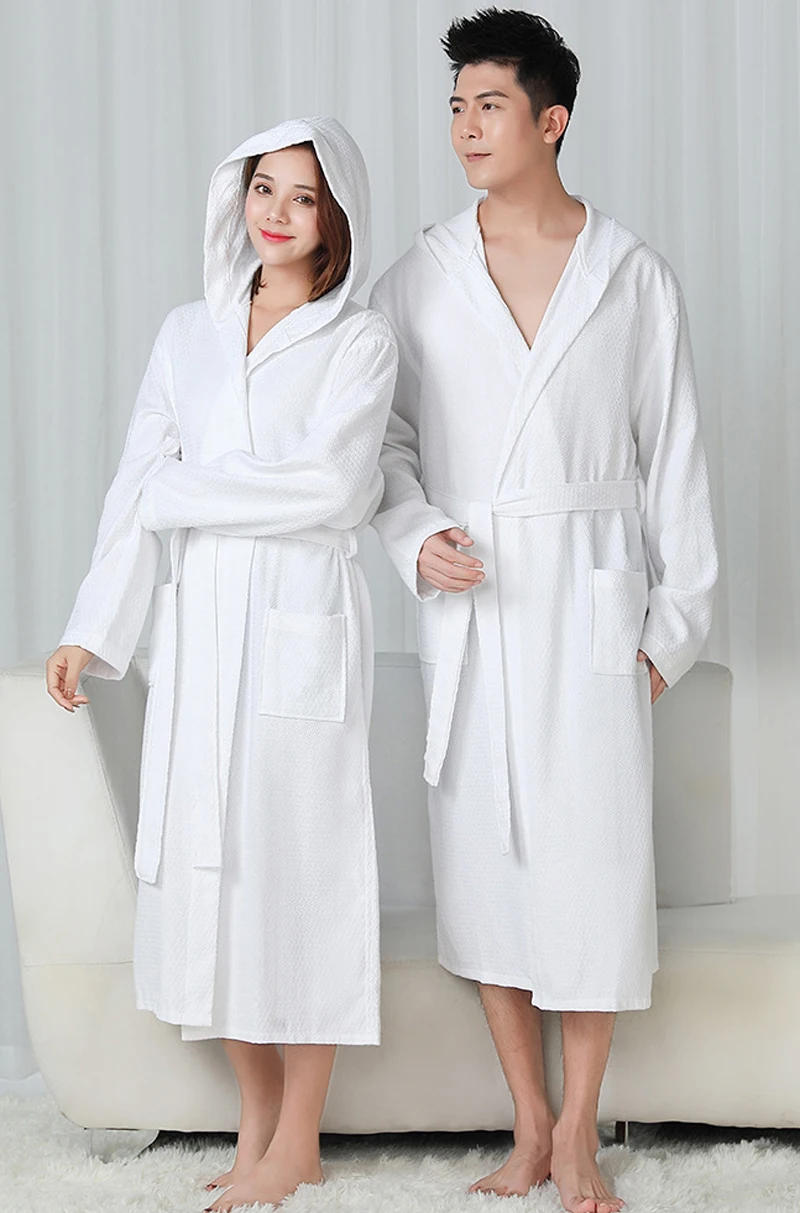 100% Cotton Hooded Robes For Women Autumn New Dressing Gown Men Kimono Bathrobe Long Solid Bath Robe Hotel Sleepwear