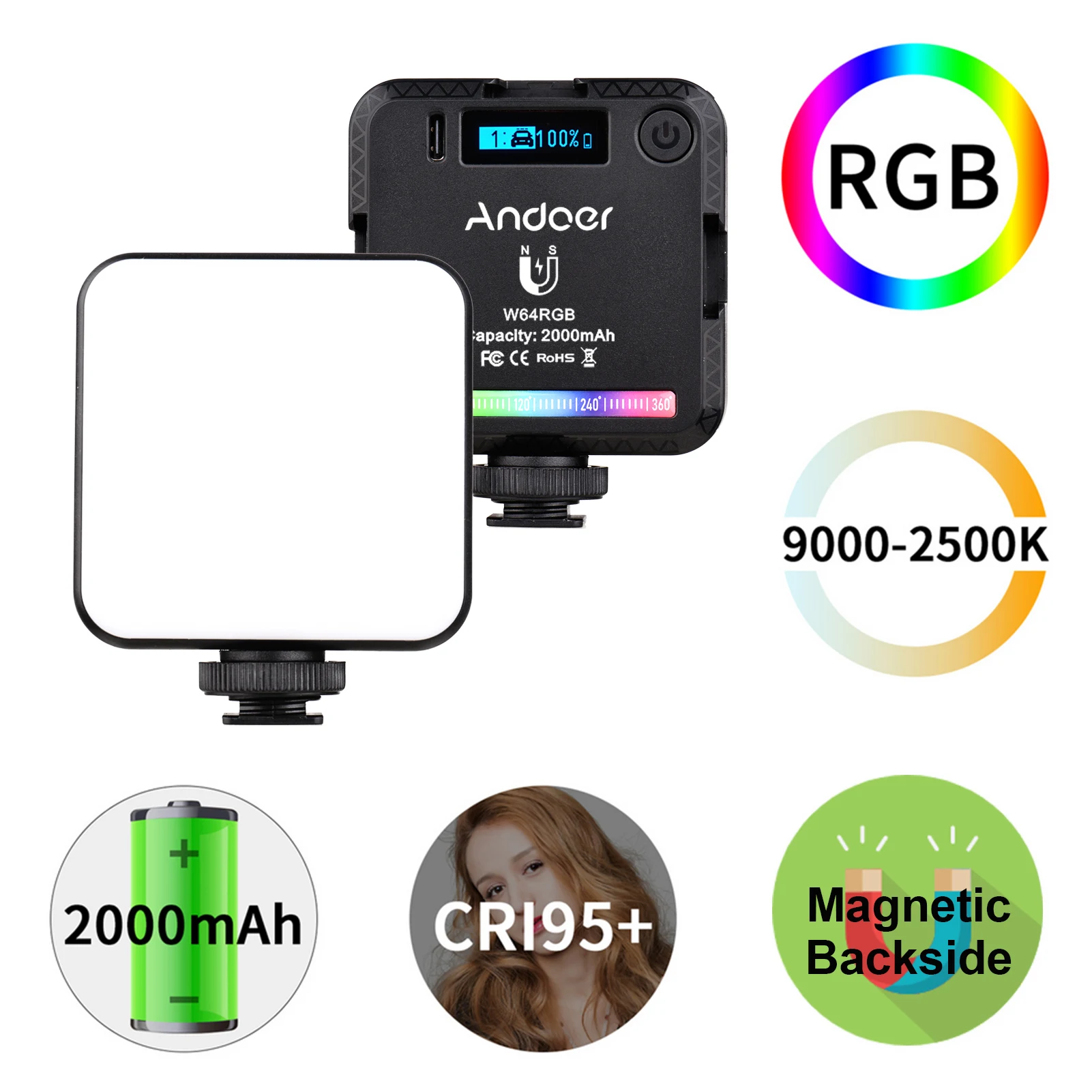 Andoer W64RGB Mini RGB LED Video Light Rechargeable Photography Fill Light CRI95+ 2500K-9000K Dimmable 20 Lighting Effects