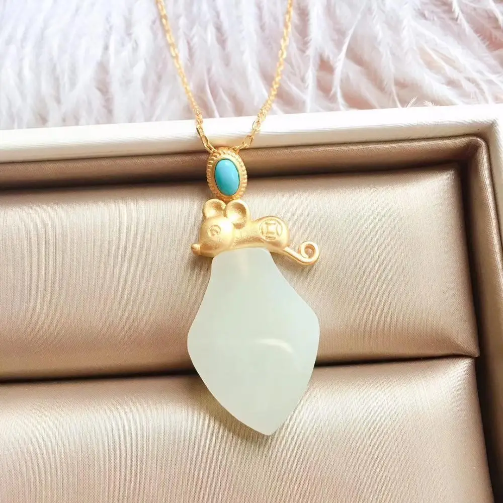 KJJEAXCMY Fine Jewelry Natural White Jade 925 Sterling Silver New Women Mouse Pendant Necklace Support Test Gift Wedding Party