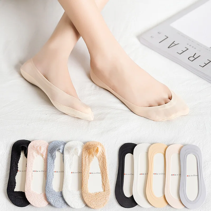 Lace High-heeled shoes socks non-slip Summer for Women ladies Cotton Invisible Solid Color Short Ankle Thin Boat slipper