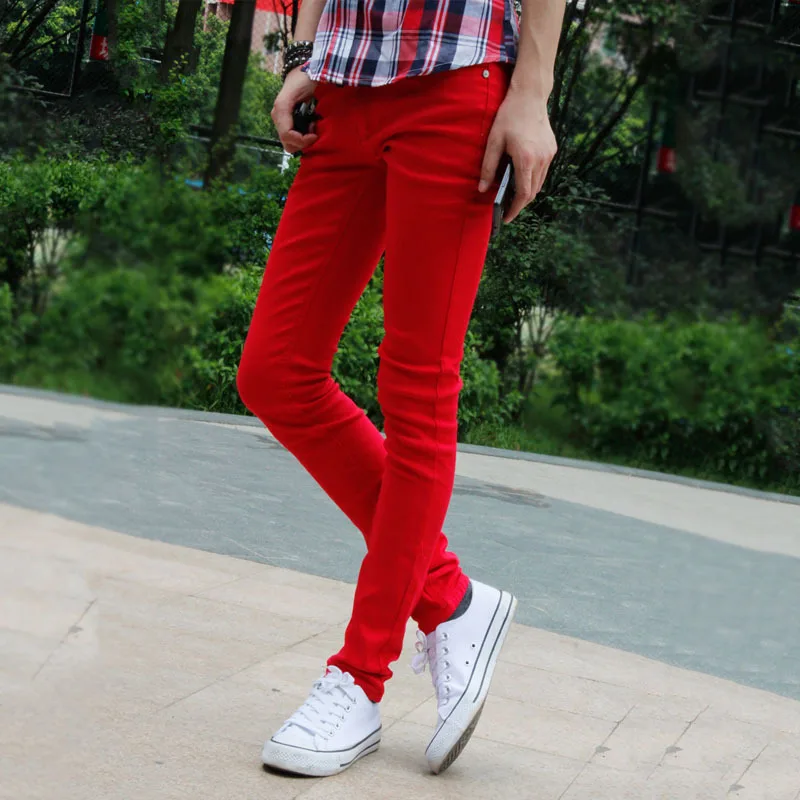 Wholesale 2021 Korean Fashion Casual Show Thin Skinny Jeans Men Red Clothes For Teenagers Pencil Trousers Men\'s Classic Pants