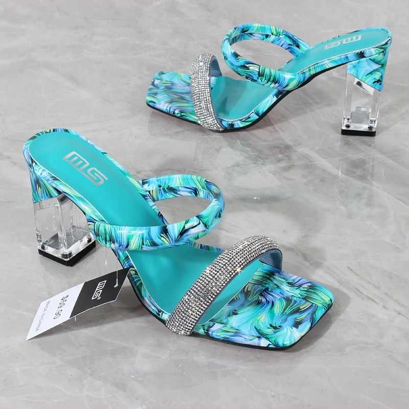 Fashion women\'s sandals 2024 summer new rhinestone word belt super high heel sandals square heel patent leather printing 8.5CM