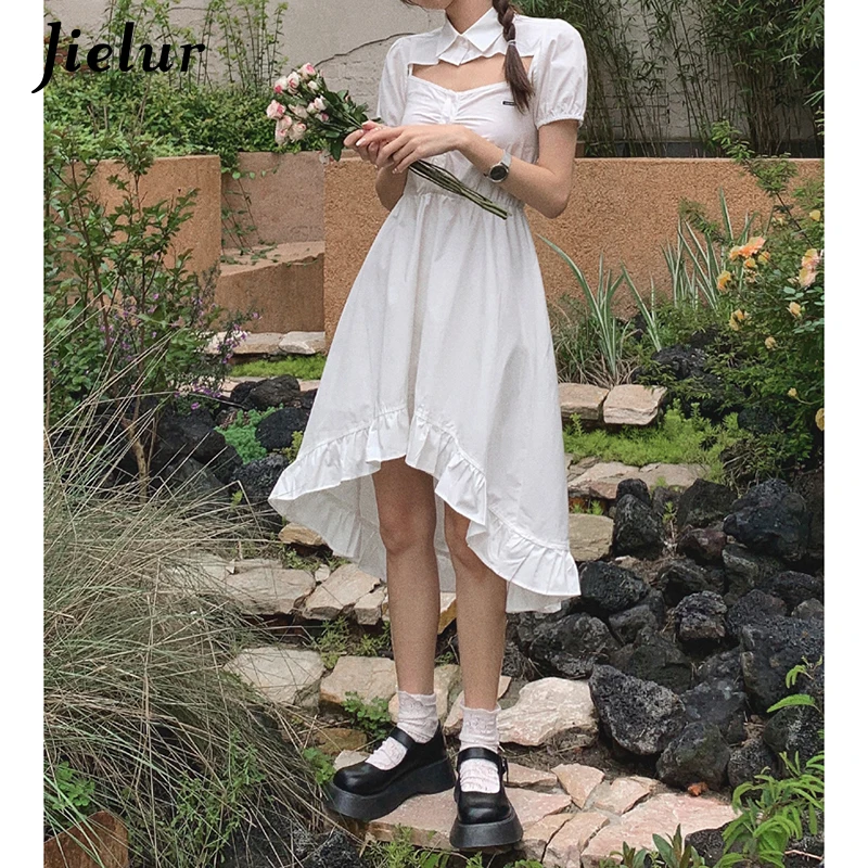 

Jielur Two-piece Suit White Suspender Dresses Female Summer 2021 Midi Thin Camisole Dresses for Women A-line High Waist Dress