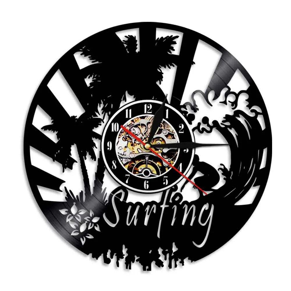 Surfing Wall Art Decorative Vinyl Record Wall Clock Windsurfing Surfing Water Sports Hanging Watches Home Decor 3D Watch Clocks