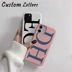 Customized Initial Letters Pebble Grain Leather Cases For iphone 14 13 Pro Max 12 11 Pro Max X XR 15 16 Plus Cover Personalisad