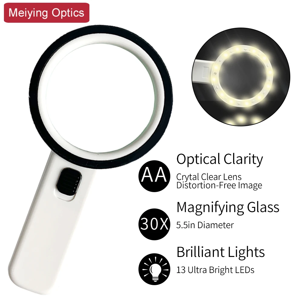 Handheld Magnifying Glass 30X with 12 LED Lights Illuminated Magnifier, Read Easily at Night