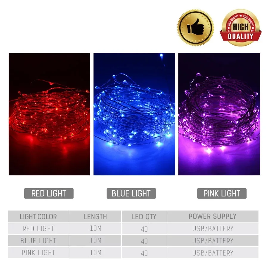 10M LED string silver wire fairytale  red purple blue garland family Christmas wedding party decoration USB power battery