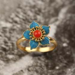 Natural south red tourmaline flower opening ring Chinese style retro palace unique ancient gold craft silver jewelry